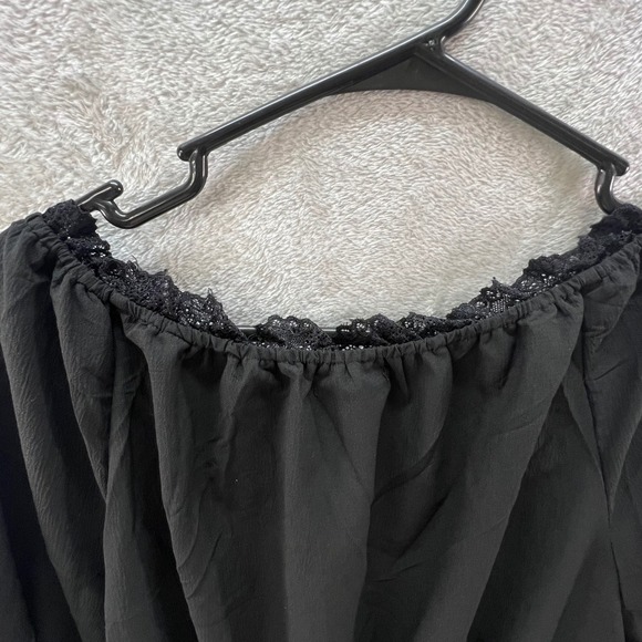 ELESOL Black Smocked Peplum Blouse XL Bell Sleeve Lace Trim Boho Renaissance - Picture 4 of 10